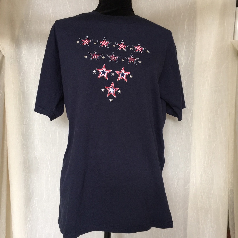 Sarah Bentley Navy Blue Short Sleeved T-shirt Red White Blue Embroidered Stars